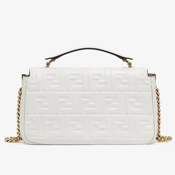Affordable Fendi Bag White In Midi Baguette Nappa FF Leather Motif Chain 0525